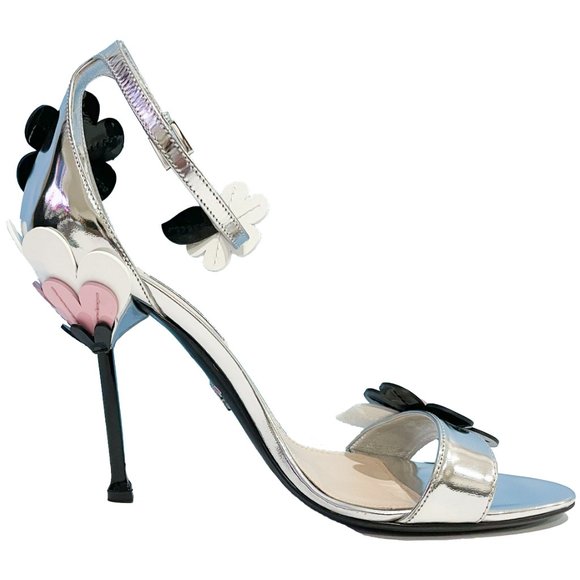Prada Silver (Argento) Floral Ankle-wrap Patent Leather Sandals - Picture 4 of 6